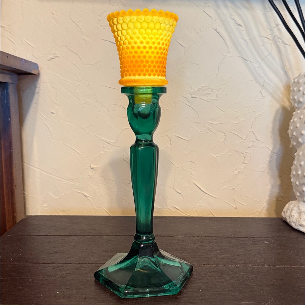 Fenton Vintage Green Hexagon Candlestick Emerald Green Glass Candlestick Holder